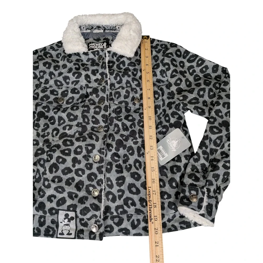 Disney Mickey Mouse Kids XS Leopard Print Corduroy Jacket Faux Shearling Collar